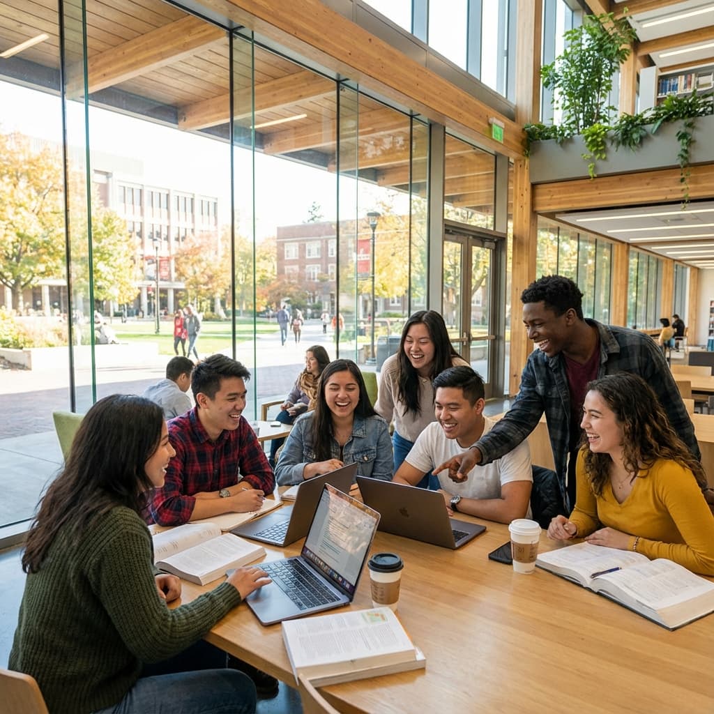 Students studying together at a library table with laptops and notebooks, demonstrating academic excellence and collaborative learning